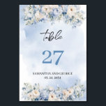 Numéro De Table Aquarelle rustique bleu hydrangée blanc roses<br><div class="desc">Des aquarelles de style rustique, comme la hydrangée bleue, les roses blanches et la verdure d'eucalyptus, sont un choix charmant pour les numéros de table mariages. Les couleurs douces et naturelles et les éléments floraux délicats créent une atmosphère élégante et romantique pour l'événement. Ces motifs d'aquarelles complexes apportent une touche...</div>