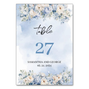 Numéro De Table Aquarelle rustique bleu hydrangée blanc roses