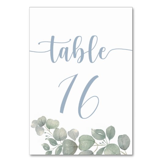 Numéro De Table Aquarelle Rustique Eucalyptus Dusty Mariage bleu (Dos)