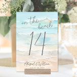 Numéro De Table Aquarelle Sur Le Mariage De Plage<br><div class="desc">Carte de numéro de table simple Mariage d'aquarelle de mer. Apportez une touche côtière à votre réception de mariage avec cette carte de numéro de table sur le thème de la plage avec une aquarelle apaisante dans les tons doux de bleu et de bronzage. L'illustration abstraite du littoral apparaît de...</div>