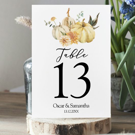 Numéro De Table Aquarelle tendance d'automne Citrouille et fleurs