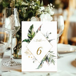 Numéro De Table Aquarelle Tropicale Mariage de cadre Or Foliage<br><div class="desc">Cette carte de numéro de table mariage présente un feuillage tropical vert aquarelle,  une feuille de palmier,  une feuille de bananier avec un cadre en diamant doré. Il est parfait pour une plage,  un été ou un mariage de destination. >>> Découvrez l'ensemble de la collection >>> https://www.zazzle.com/collections/tropical_foliage_gold_collection-119316977990783186</div>