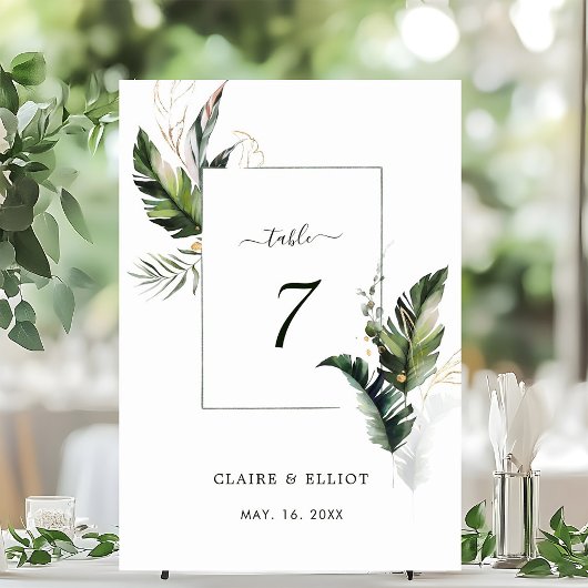 Numéro De Table Aquarelle tropicale Mariage vert du feuillage