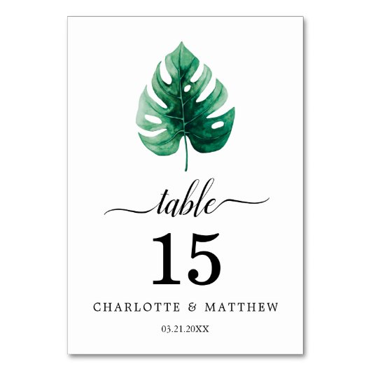 Numéro De Table Aquarelle tropicale simple Mariage vert botanique (Dos)