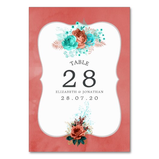 Numéro De Table Aquarelle turquoise et corail Numéro du tableau (Par défaut)