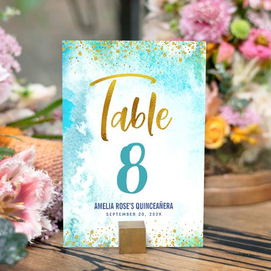 Numéro De Table Aquarelle Turquoise Quinceañera Gold Script Girly