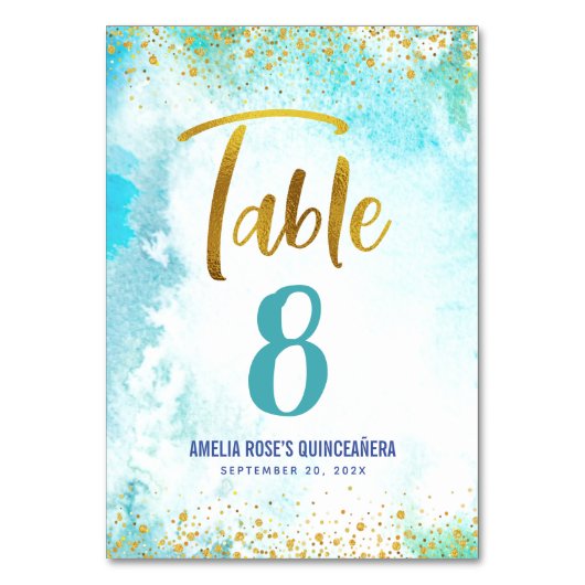 Numéro De Table Aquarelle Turquoise Quinceañera Gold Script Girly (Dos)