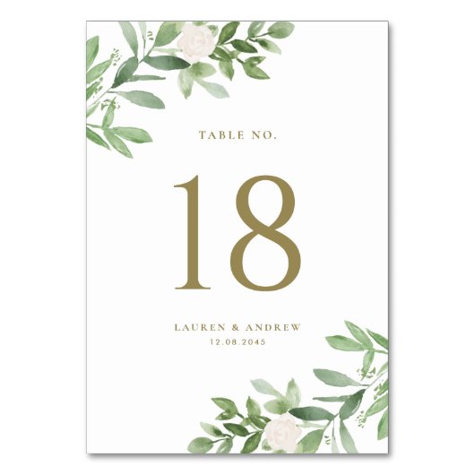 Numéro De Table Aquarelle Verdure et blanc Mariage Floral Or (Dos)