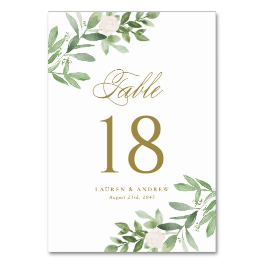 Numéro De Table Aquarelle Vert et Fleurs blanches Or (Par défaut)