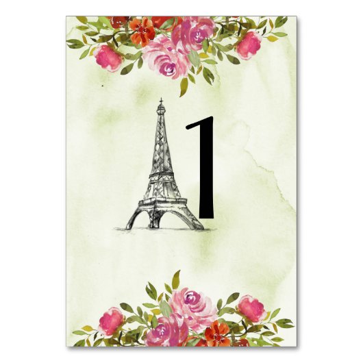 Numéro De Table Aquarelle verte Florale Tour Eiffel (Par défaut)