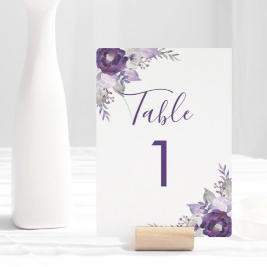 Numéro De Table Aquarelle violette et argentée Mariage floral