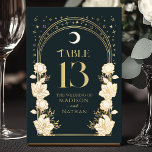 Numéro De Table Arc élégant céleste Art Nouveau Mariage<br><div class="desc">Elevez votre événement avec élégance ! Ces cartes de table Art Nouveau sont ornées d'arcs dorés, d'étoiles chatoyantes et de fleurs blanches délicates sur fond bleu profond, un design intemporel pour les mariages, les dîners ou les célébrations. Ajoutez aujourd'hui une touche de charme vintage à votre décor de table !...</div>