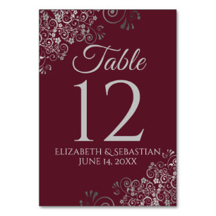 Numéro De Table Argent sur Bourgogne Elegant Mariage de Filigree