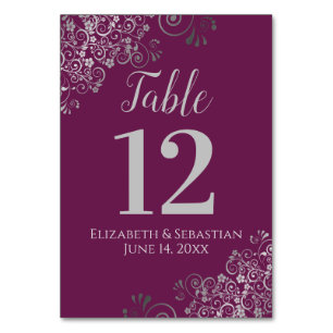 Numéro De Table Argent sur Cassis Purple Élégant Mariage Frilly