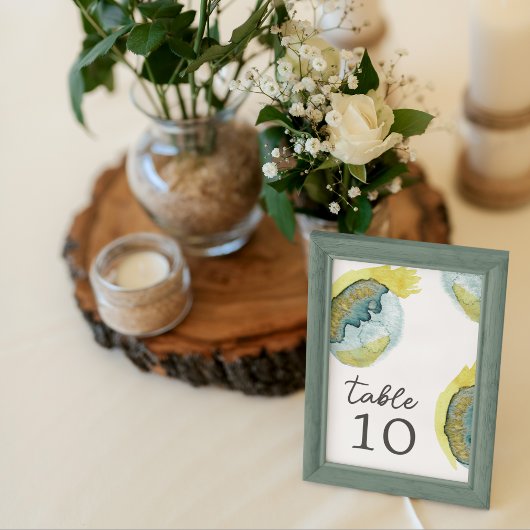 Numéro De Table Art Abstrait Aquarelle Jaune Bleu Mariage Unique