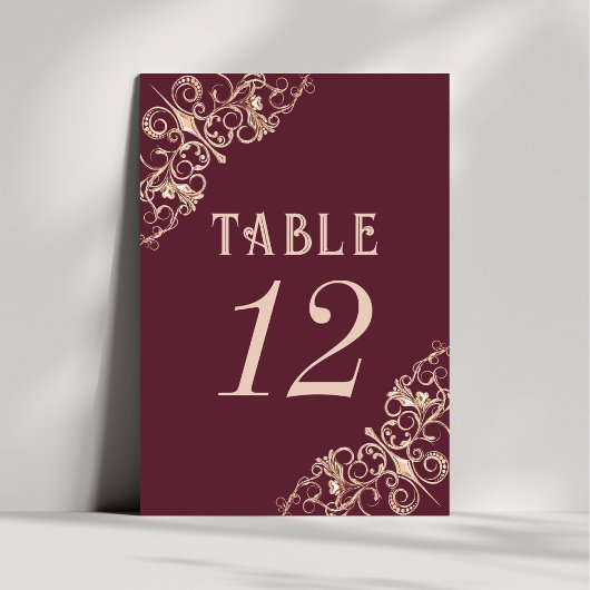 Numéro De Table Art déco Nouveau | Rose Bourgogne Gold Ornamental