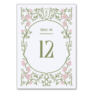 Numéro De Table Art Nouveau Floral rose et vert Mariage