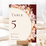 Numéro De Table Automne Floral Bourgogne Mariage de crème<br><div class="desc">Cet automne fleuri bordeaux crème mariage de table design est un ensemble rêveur qui incarne l'essence du charme vintage et de l'élégance moderne. Avec des fleurs d'automne et des feuilles aux couleurs d'automne, accentués de bordures géométriques dorées, notre design offre une esthétique simple mais captivante, parfaite pour vos fêtes d'été...</div>