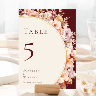 Numéro De Table Automne Floral Bourgogne Mariage de crème
