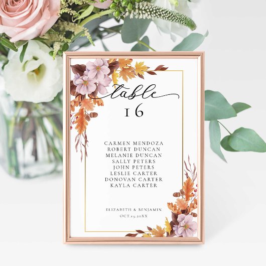 Numéro De Table Automne Mariage Floral Sièges à l'automne Script