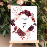 Numéro De Table Automne Romance Aquarelle Mariage Floral<br><div class="desc">Ce numéro de table mariage est composé d'une couronne de fleurs d'aquarelle de dahlias, de roses de jardin et de pivoines en rouge bordeaux, marron, rose roux sur les feuilles d'automne avec un cadre en forme de losange. Pour une personnalisation plus avancée de cette conception, cliquez sur le BOUTON OUTIL...</div>