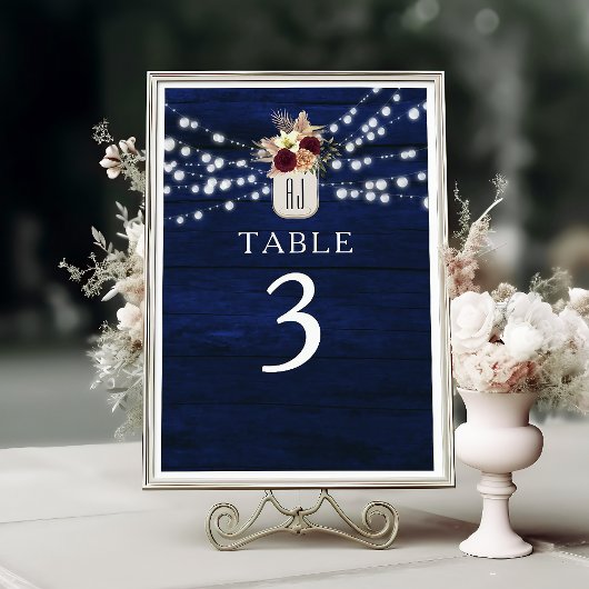 Numéro de table avec guirlande lumineuse Navy Rust