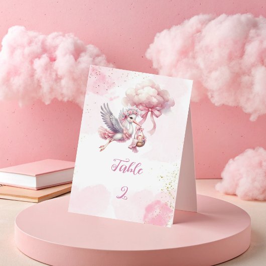 Numéro De Table Baby shower de cigogne - Nuages roses et éclat d'o