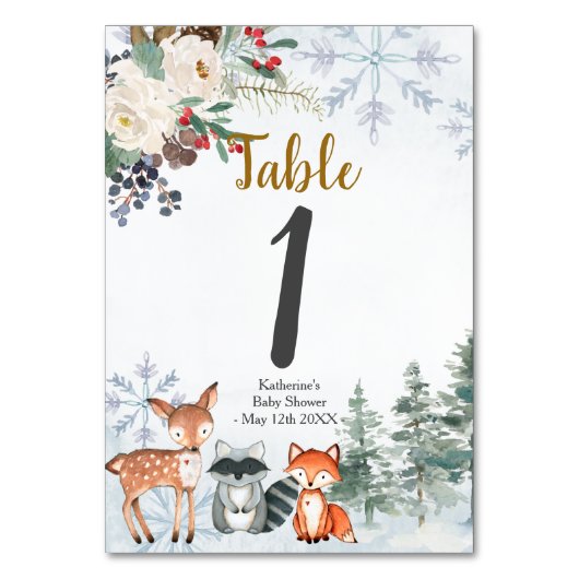 Numéro De Table Baby shower forestier d'hiver (Dos)