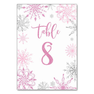 Numéro De Table Baby shower huit flocons d'argent rose