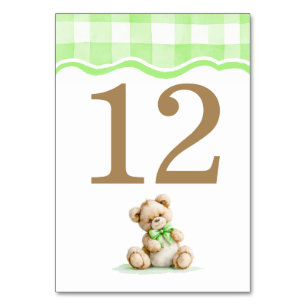 Numéro De Table Baby-Shower Ourson et Gingham Vert Clair