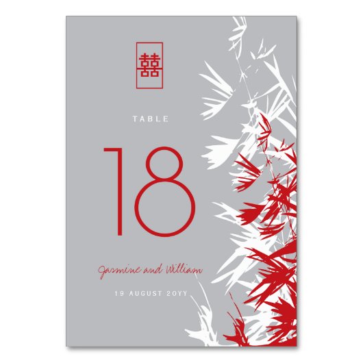 Numéro De Table Bambou rouge et gris Feuille Mariage double bonheu (Par défaut)