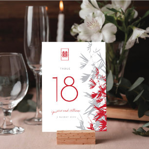 Numéro De Table Bambou rouge et gris Feuille Mariage double bonheu