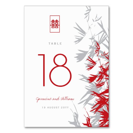 Numéro De Table Bambou rouge et gris Feuille Mariage double bonheu (Par défaut)