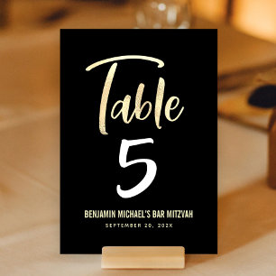 Numéro De Table Bar Mitzvah Black Gold Script Moderne Gras Élégant