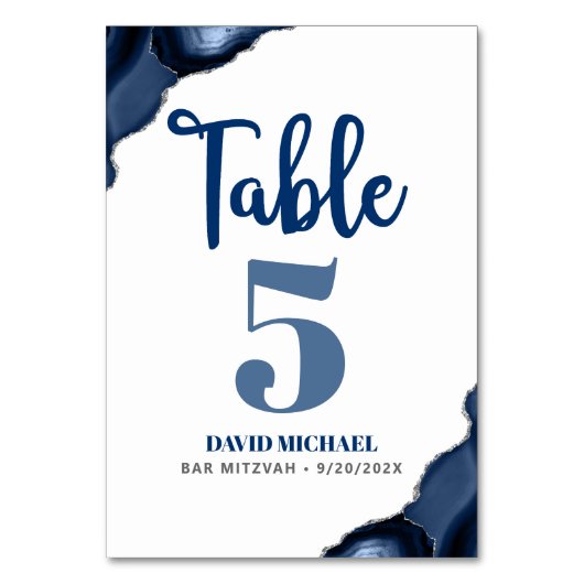 Numéro De Table Bar Mitzvah Bold Modern Navy Blue Agate Script (Dos)