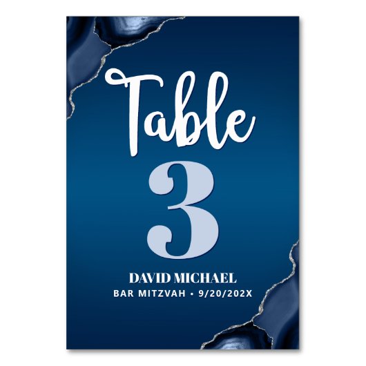 Numéro De Table Bar Mitzvah Modern Navy Blue Ombre Agate Script (Dos)