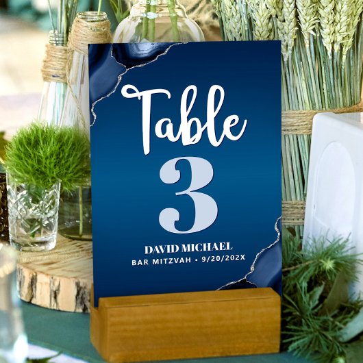 Numéro De Table Bar Mitzvah Modern Navy Blue Ombre Agate Script