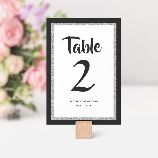 Numéro De Table Bat mitzvah Glittery noir et argent