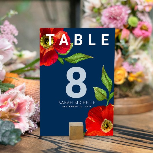 Numéro De Table Bat mitzvah Marine Bleu Rouge Floral Aquarelle mod
