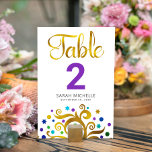 Numéro De Table Bat mitzvah Moderne Purple Gold Foil Arbre de vie<br><div class="desc">Aucun Bat mitzvah n'est complet sans carte de numéro de table personnalisée. Laissez votre Bat mitzvah préféré être fier, se réjouir et célébrer son jalon à sa fête parfaitement coordonnée. Cet arbre à feuille d'or abstrait, chic, élégant et sophistiqué, avec un violet brillant, turquoise, turquoise et bleu Star de David...</div>