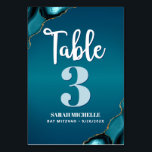 Numéro De Table Bat mitzvah Moderne Turquoise Ombre Agate Script<br><div class="desc">Aucun Bat mitzvah n'est complet sans carte de numéro de table personnalisée. Laissez votre fille être fière, réjouissez-vous et fêtez son jalon à sa fête parfaitement coordonnée. Scénario de calligraphie blanche, typographie bleu turquoise clair et blanc, roches d'agate bleu turquoise accentuées de veines d'or faux superposent un arrière - plan...</div>