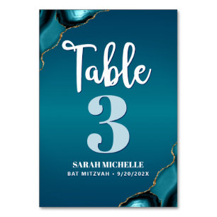 Numéro De Table Bat mitzvah Moderne Turquoise Ombre Agate Script