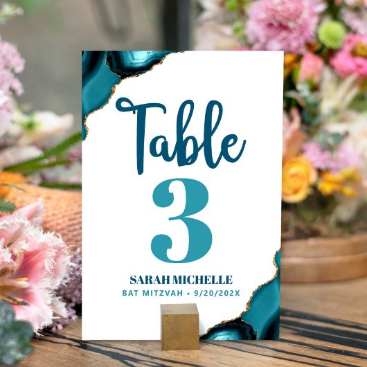 Numéro De Table Bat Mitzvah Moderne Turquoise Teal Agate Script