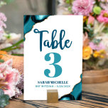 Numéro De Table Bat mitzvah Moderne Turquoise Turquoise Agate Scri<br><div class="desc">Aucun Bat mitzvah n'est complet sans carte de numéro de table personnalisée. Laissez votre fille être fière, réjouissez-vous et fêtez son jalon à sa fête parfaitement coordonnée. Scénario de calligraphie bleu turquoise foncé, typographie bleu turquoise et bleu turquoise, roches d'agate bleu turquoise accentuées de veines faux or superposent un arrière...</div>