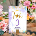 Numéro De Table Bat mitzvah Purple Aquarelle Gold Script Parties s<br><div class="desc">Aucun Bat mitzvah n'est complet sans carte de numéro de table personnalisée. Laissez votre Bat mitzvah préféré être fier, se réjouir et célébrer son jalon à sa fête parfaitement coordonnée. Un arrière - plan d'aquarelle violet clair, moderne et brillant, écrit à la main, et de petits points superposent un léger...</div>