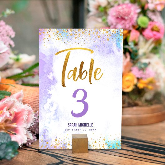 Numéro De Table Bat mitzvah Purple Aquarelle Gold Script Parties s
