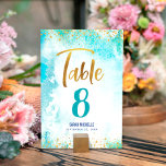 Numéro De Table Bat mitzvah Turquoise Aquarelle Girl Script or<br><div class="desc">Aucun Bat mitzvah n'est complet sans carte de numéro de table personnalisée. Laissez votre Bat mitzvah préféré être fier, se réjouir et célébrer son jalon à sa fête parfaitement coordonnée. Un arrière - plan d'aquarelle bleu turquoise est orné d'une écriture manuscrite brillante, moderne et brillante. Personnalisez le texte personnalisé avec...</div>