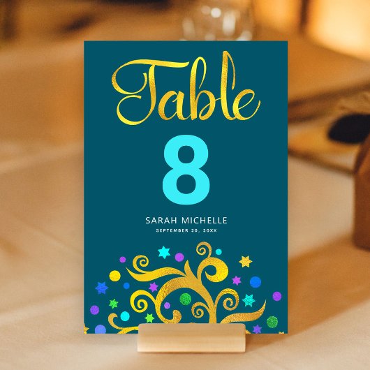 Numéro De Table Bat mitzvah Turquoise Blue Gold Foil Tree Life Mod