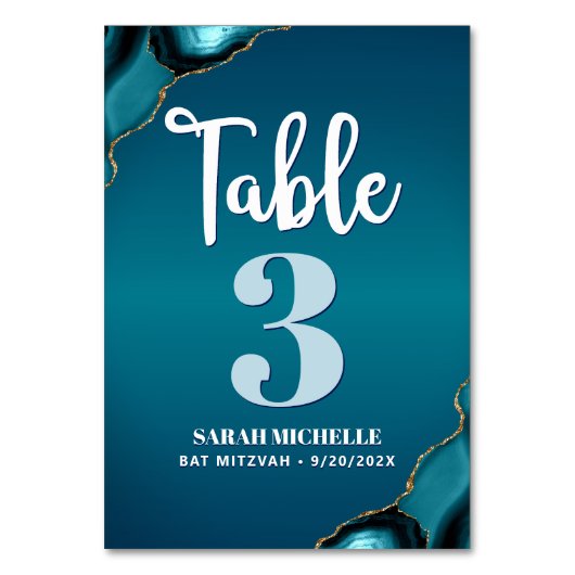 Numéro De Table Bat mitzvah Turquoise Ombre Agate Script moderne (Dos)