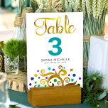 Numéro De Table Bat mitzvah Turquoise White Gold Foil Arbre de vie<br><div class="desc">Aucun Bat mitzvah n'est complet sans carte de numéro de table personnalisée. Laissez votre Bat mitzvah préféré être fier, se réjouir et célébrer son jalon à sa fête parfaitement coordonnée. Cet arbre à feuille d'or abstrait, chic, élégant et sophistiqué, avec un violet brillant, turquoise, turquoise et bleu étoile de David...</div>